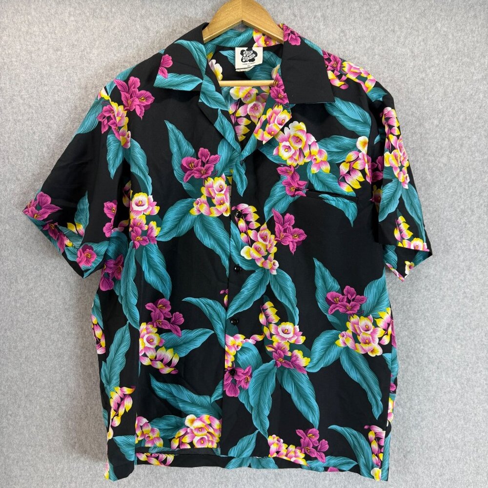 Hilo Hattie Black Pink Floral Hawaiian Button Front Shirt Size‎ XL Vintage Aloha